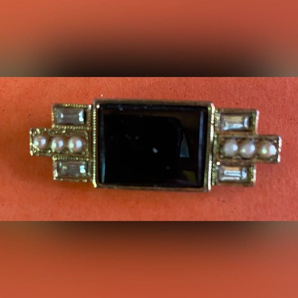 Women’s Brooch Art Deco Onyx Pearl Rhinestone 1 1/2” MCM